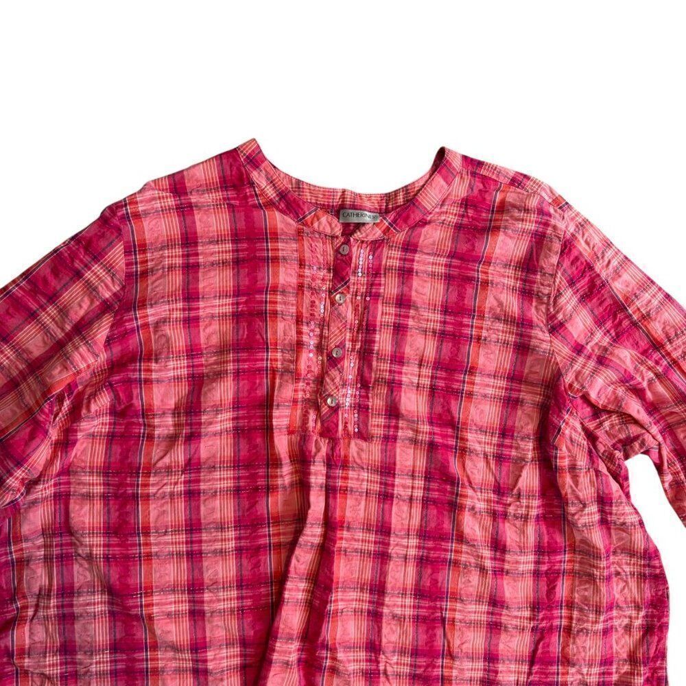 Catherine's Pink Plaid Top Womens Plus 3X Seersucker Long Sleeve Half Button - Picture 2 of 8